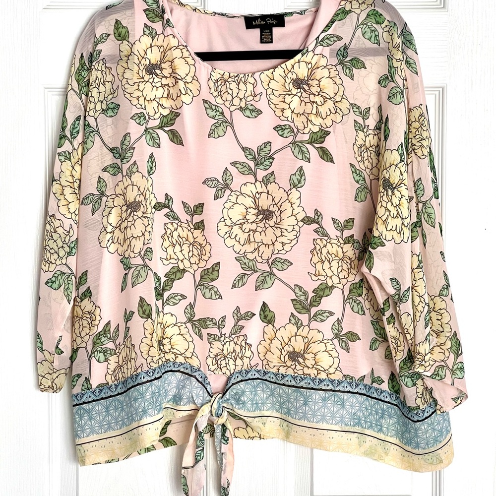 Melissa Paige Tie Front Relaxed Pink Green Blouse